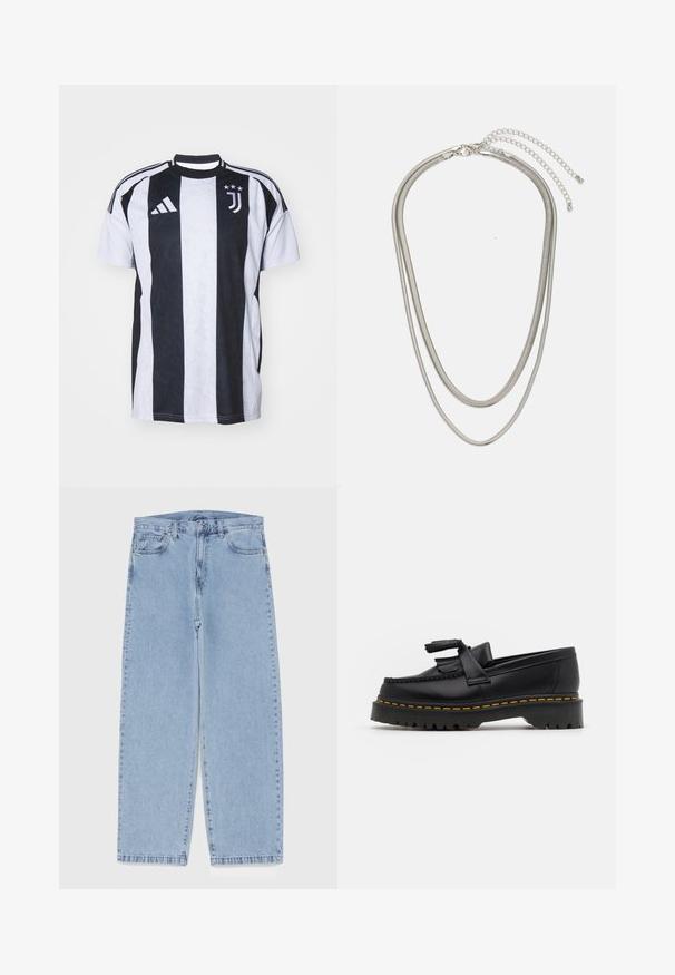 Maglietta sportiva a strisce bianche e nere, con maniche corte, scollatura rotonda e tre strisce su ciascun spalla. Presenta il logo della squadra e tre stelle.; Jeans in denim azzurro chiaro con design a gamba dritta, caratterizzati da una vita media, cinque tasche e chiusura con bottone e zip.; Mocassino in pelle nera con un'accento a frange, dotato di una suola nera spessa e cuciture gialle lungo il bordo. Finitura testurizzata.; Collana in metallo argentato a tre strati caratterizzata da catene sottili e flessibili con una leggera lucentezza, fissata con un gancio a molla e una catena regolabile.