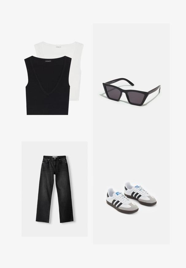 Två ärmlösa ribbade linnen i svart och vitt. Båda har V-ringningar och mjukt tyg. Taggen är synlig på det svarta linnet.; Bershka Jeans straight leg - mottled dark grey; Sportskor med överdel i vit läder, grå mocka på tårna och tre svarta ränder. Har en blå logotyp på tungan och en texturerad gummisula.; Svarta, vinklade solglasögon med grå linser; tillverkade av plast, med tjocka skalmar med en slät yta och utan synlig hårdvara.