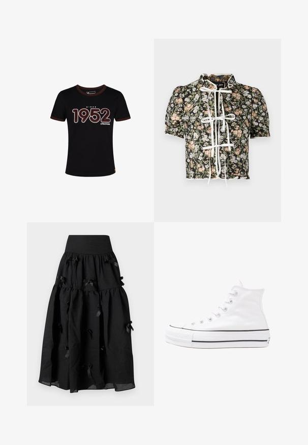 Čierne bavlnené tričko s hnedým rebrovaným golierom. Obsahuje nápis "SINCE 1952" v bielej a červenej farbe. Voľný strih s krátkymi rukávmi.; Blúzka s krátkymi rukávmi s čiernou kvetinovou potlačou, bielym uzáverom na mašľu a zberanými plecami. Dekoratívny zúbkovaný lem so štruktúrovanou tkaninou.; Sister Jane BIRDIE BOW MIDI SKIRT - sukňa v tvare A - black; Biele vysoké plátené tenisky s čiernou gumovou podošvou, prednou gumovou špičkou a šiestimi okami na šnúrky, s čistým, minimalistickým dizajnom.