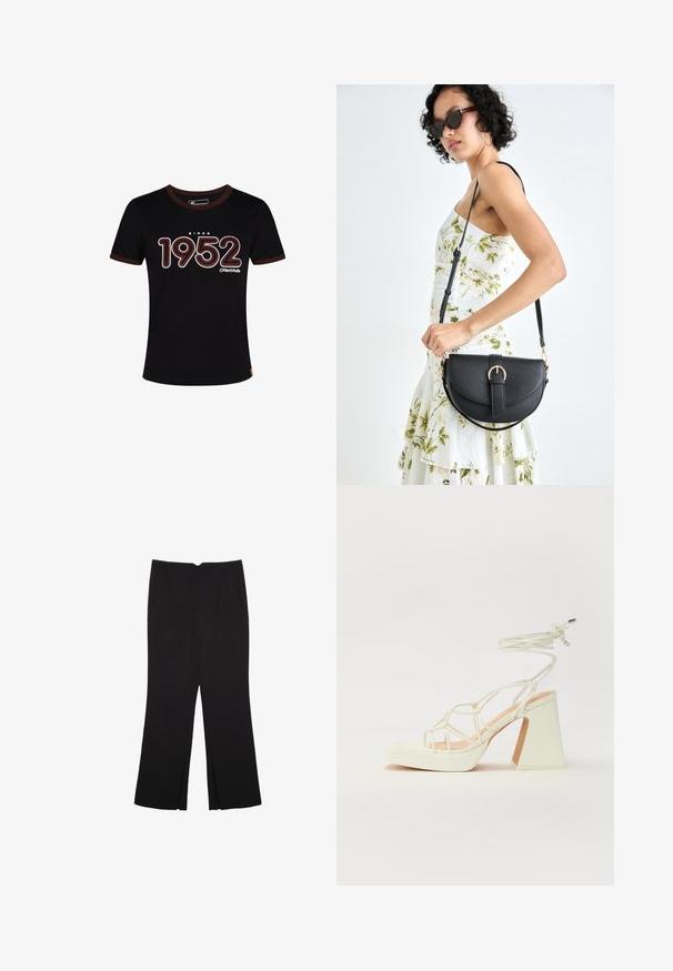 Zwarte katoenen T-shirt met een bruin geribbelde kraag. Bevat "SINCE 1952" in witte en rode tekst. Casual fit met korte mouwen.; Zwarte broek met een rechte pasvorm, voorzien van zijzakken en plooien aan de onderzijde. Gemaakt van zachte, gladde stof. Geschikt voor verschillende gelegenheden.; Witte hoge hakken sandaal met een chunky hak, met een bandjesontwerp en enkelband. Gladde textuur met een plateau voor extra hoogte.; Zwarte leren handtas met een gebogen vorm, afneembare schouderband en gouden hardware. De tas heeft een klep met een gespsluiting.