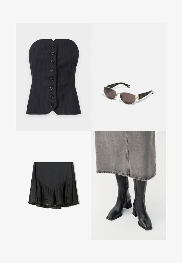 Black pinstriped strapless top with a fitted design, featuring a straight neckline and seven front buttons for closure. Smooth fabric texture.; Black skirt with a layered ruffled hem, made from textured fabric. Features cut-out accents along the bottom edge and a V-shaped design at the top.; Black knee-high boots in smooth leather with a squared toe and block heel. Worn with a gray denim skirt with a frayed hem.; Black and gold sunglasses with a narrow, oval frame, dark lenses, and decorative hardware at the temples. Lightweight and sleek design.