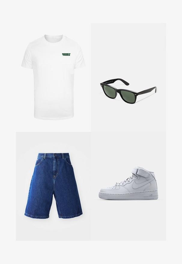 Camiseta blanca de algodón con mangas cortas que presenta un pequeño gráfico verde de "MONEY TREES" en la parte izquierda del pecho. Cuello redondo clásico.; Shorts de mezclilla con un lavado azul, con una cintura alta, dos bolsillos delanteros y costuras amarillas a lo largo de las costuras.; Zapatillas Nike Air Force 1 de caña alta en gris con parte superior de cuero, cuello acolchado y una correa de Velcro. El diseño icónico incluye una caja de dedos perforada.; Gafas de sol de plástico negro con lentes verdes, montura cuadrada, acento plateado en la ceja y brazos texturizados. Marca indicada en el brazo interno.
