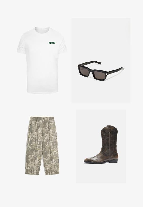 Hvid bomulds t-shirt med korte ærmer, der har et lille grønt "MONEY TREES" grafik på venstre brystområde. Klassisk rund halsudskæring.; Cargo bukser med brede ben i grøn og beige camouflageblad- og barkmønster, med forlommer og bæltestropper.; Brune læder cowboystøvle med en høj skaft, spids tå, intrikate syning mønstre og en lille hæl. Struktureret finish hele vejen igennem.; Sorte rektangulære solbriller med mørke glas, tyk plastisk ramme, guldtryk på stængerne og brandlogo indgraveret på armen.