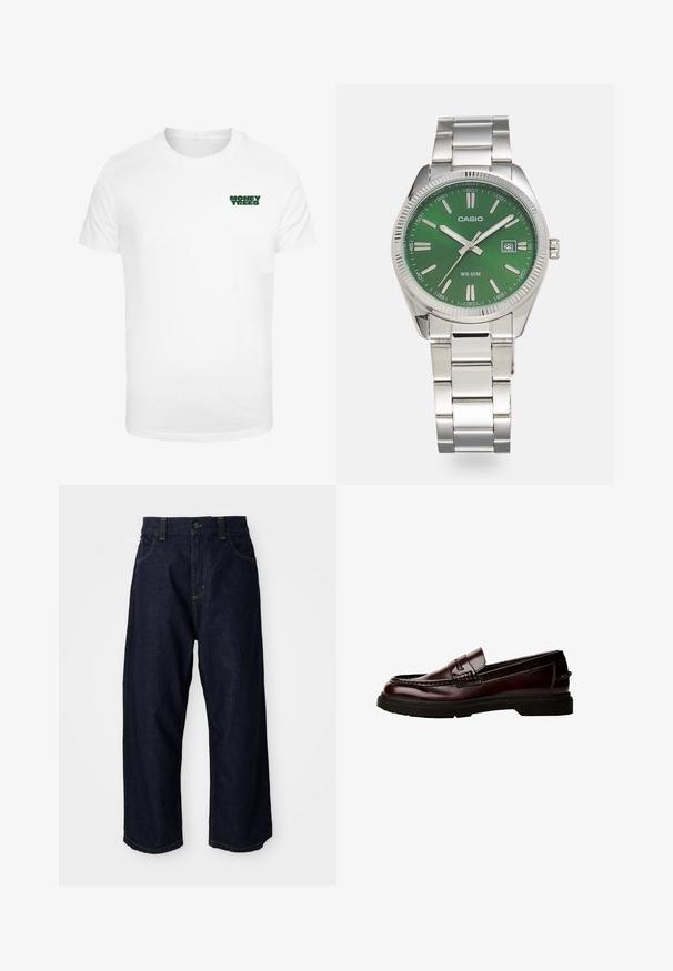 White cotton t-shirt with short sleeves featuring a small green "MONEY TREES" graphic on the left chest area. Classic round neckline.; Dark blue denim trousers with a relaxed fit, featuring a button fly, belt loops, and yellow stitching on pockets and seams.; Brown leather loafers with a rounded toe, detailed stitching, and a rubber sole. Features a decorative strap, smooth texture.; Silver stainless steel watch with a round green dial, silver hour markers, date display, and a metal link bracelet. Water-resistant to 50 meters.