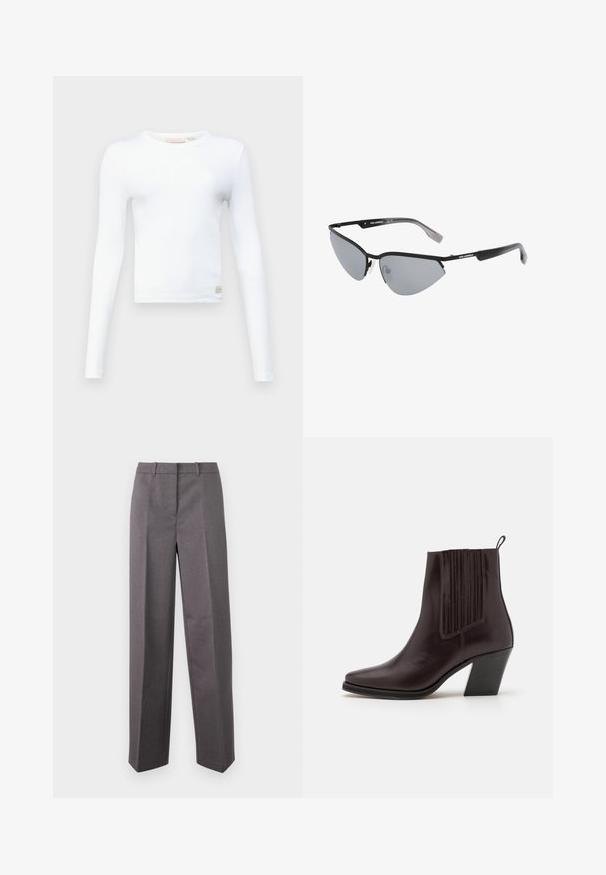 White long-sleeve top made from ribbed fabric with a round neckline. Features a small logo tag at the hem. Simple, fitted silhouette.; Gray tailored trousers made of textured fabric, featuring a straight-leg design, flat front, and belt loops.; Dark brown leather ankle boot with a pointed toe, vertical ribbed detailing on the side, and a mid-height block heel.; Black sunglasses with angular, cat-eye design. Silver mirrored lenses. Slim, lightweight plastic frames with subtle branding on the temples.; Silver metal earrings with a smooth, teardrop shape and a polished finish. Subtle engravings add detail. Minimalist design.
