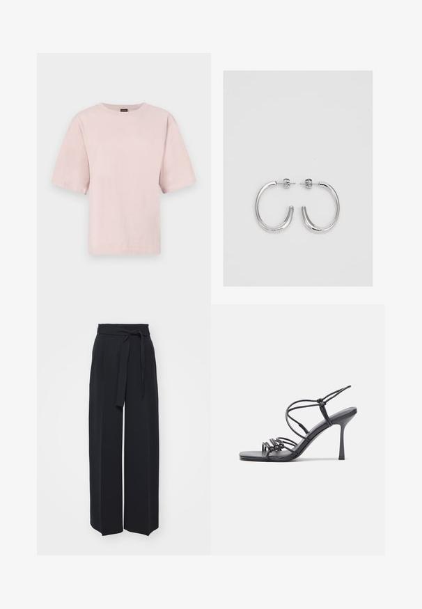 T-shirt in cotone rosa con maniche corte e scollatura rotonda, caratterizzato da un discreto logo "BOSS" ricamato al centro fronte.; Pantaloni neri a gamba larga realizzati in tessuto morbido. Caratterizzati da una vita con cintura e pieghe frontali. Texture liscia con un design pulito e contemporaneo.; Sandali neri con tacco alto presentano sottili cinturini con design annodato, una punta quadrata liscia e un elegante tacco a spillo.; Orecchini a cerchio in argento con una finitura liscia e lucente. Forma arrotondata, design leggero, con chiusura a perno.