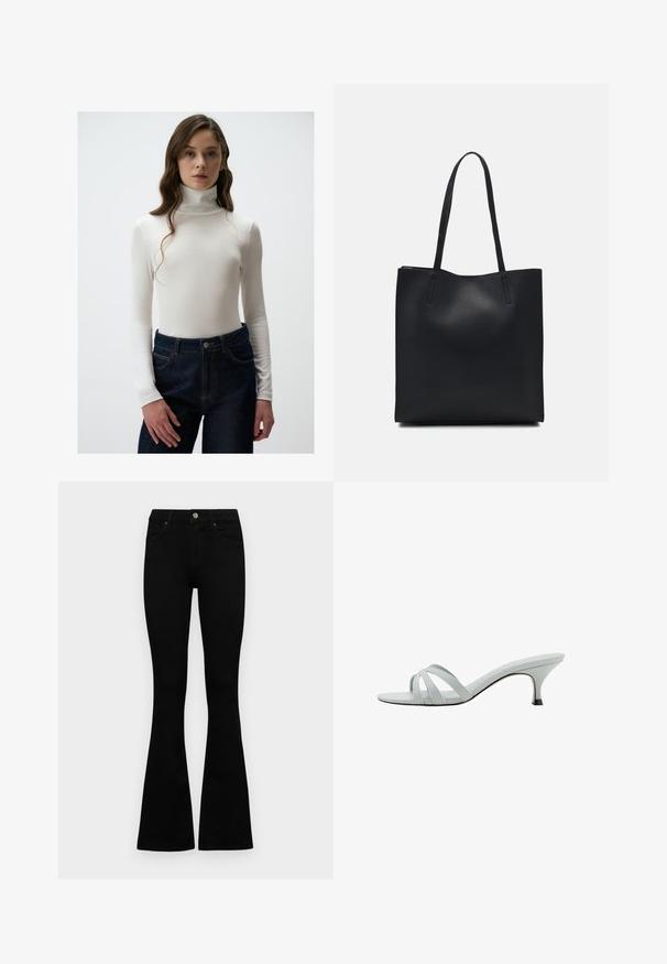 Weißes, geripptes Turtleneck-Oberteil mit langen Ärmeln, kombiniert mit hochgeschnittenen, dunkelblauen Jeans aus Denim mit Knopfverschluss und orangefarbenen Nähten.; Schwarze hochtaillierte Jeans mit einem Knopf- und Reißverschluss, Fronttaschen und ausgestellten Beinen, flach auf einem weißen Hintergrund ausgelegt.; Hellgraue Absätze mit drei überkreuzten Riemen, schlankem Profil und spitz zulaufendem Absatz. Glatte Textur mit leicht glänzendem Finish.; Schwarze Laptoptasche aus Leder mit glatter Textur, rechteckiger Form und zwei langen Griffen. Keine sichtbaren Beschläge oder Verzierungen.