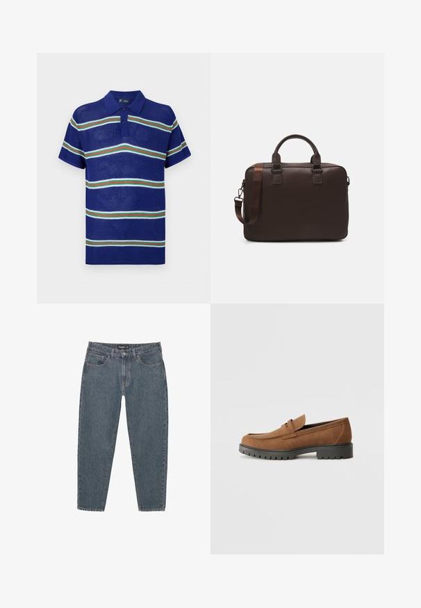Modré pletené polo tričko s krátkymi rukávmi, s horizontálnymi pruhmi v bielej, zelenej a červenej farbe a s trochgombíkovou légou.; Tmavomodré denimové nohavice s uvoľneným strihom, päť vreciek, zapínanie na gombík a mierne roztrhnutý lem. Odolný materiál s jemnou textúrou.; Hnedé semišové loafers so zaoblenou špičkou a nízkou čiernou gumovou podrážkou, s dekoračným pásikom a šitými detailmi na hornej časti.; Hnedá kožená taška na laptop s textúrovaným povrchom, dvojitými hornými uchami, nastaviteľným popruhom a dvoma prednými prackami pre pridaný detail.