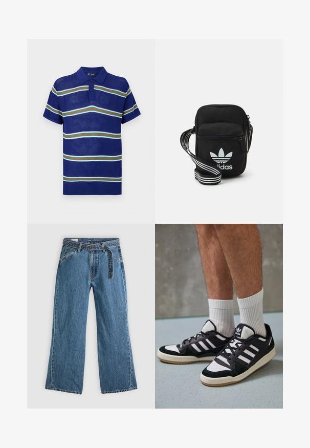Mėlynas megztas polo marškinėlis trumpomis rankovėmis, puošnias horizontalios juostelės baltos, žalios ir raudonos spalvos, su trimis mygtukais.; Mėlyni džinsiniai plačių kojų džinsai su prijungtu diržu, priekinėmis kišenėmis ir matomomis siūlėmis ant vientiso šviesaus fono.; Juodos ir baltos sportinės bateliai su zomšiniu ir odiniu viršumi, su trimis baltomis juostelėmis, perforuota koja ir guminėmis padais.; Juodas audinio per petį nešiojamas krepšys su užtrauktuku, turintis baltą Adidas logotipą ir dryžuotą reguliuojamą diržą patogiam nešiojimui.