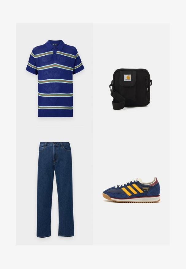 Polo em malha azul com mangas curtas, apresentando riscas horizontais em branco, verde e vermelho, com uma pala de três botões.; Jeans de denim azul escuro, de perna reta, com bolsos frontais e fecho de botão, exibidos sobre um fundo branco liso.; Sneaker de camurça azul-marinho com riscas amarelas, atacadores brancos e realces em bordeaux. Sola texturizada com relevos para aderência. Logótipo da marca de lado.; Bolsa transversal preta com um compartimento principal com fecho éclair, bolso frontal, alça ajustável e um logotipo visível na aba.