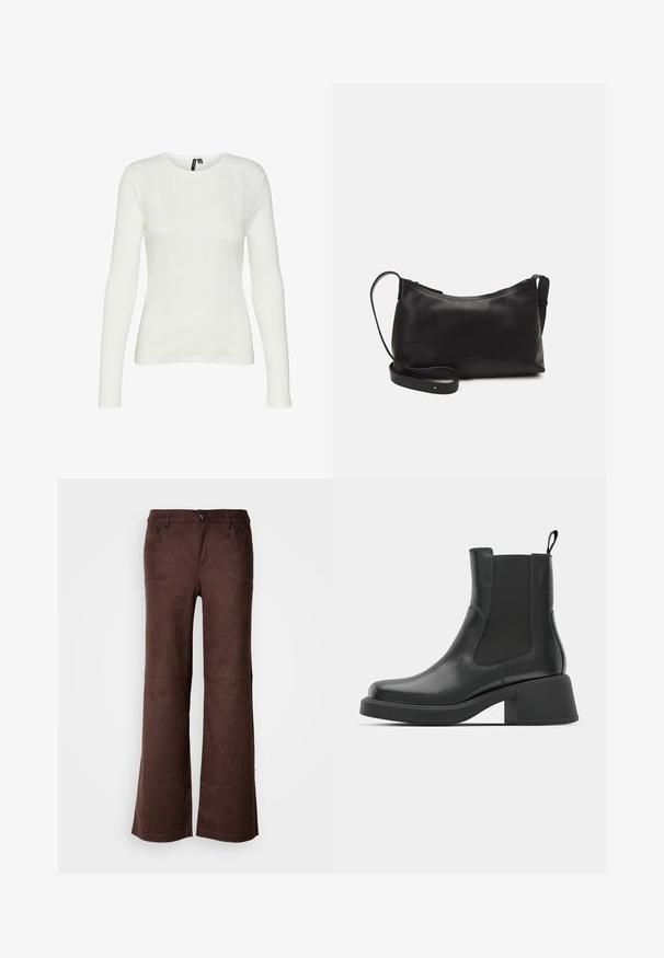 Witte lange mouwen shirt met een ronde hals. De stof heeft een gestructureerd patroon met verticale lijnen en ribbeldetails.; Bruine flared pants van een zachte, suede-achtige stof. Beschikt over vier zakken, een knoopsluiting en een gladde, gestructureerde oppervlakte.; Zwarte leren enkellaarsjes met elastische zijpanelen, ronde neus en een stevige blokhak. Gladde textuur met een minimalistisch ontwerp.; Zwarte leren schoudertas met een gladde textuur, gebogen vorm, verstelbare schouderband en een ritsafsluiting. Minimalistisch ontwerp zonder versieringen.