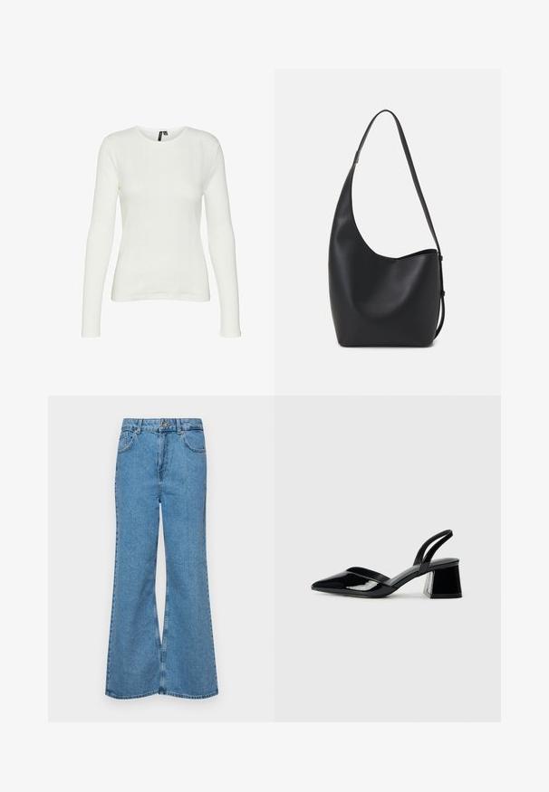 Camisa blanca de manga larga con cuello redondo. La tela tiene un patrón texturizado con líneas verticales y detalles acanalados.; Jeans acampanados de color azul claro hechos de denim, con una cintura alta, cinco bolsillos y un cierre de botón. Textura suave con acabado desgastado.; Zapatos de tacón slingback de charol negro con punta afilada y tacón geométrico en bloque. Presentan un diseño elegante y minimalista, así como una textura suave.; Bolso tipo hobo de cuero negro con una textura suave, forma curvada y una sola correa ajustable; presenta una amplia apertura en la parte superior.