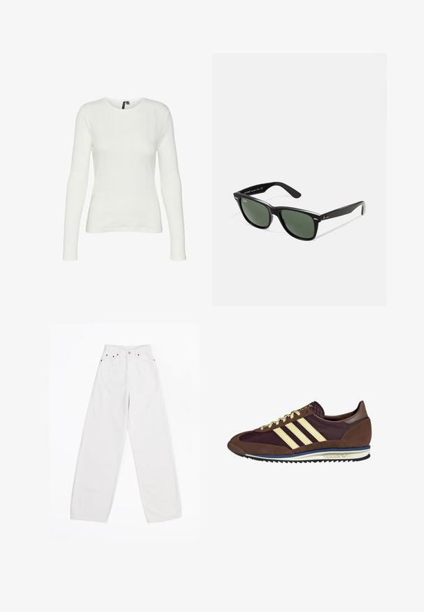 White long-sleeve shirt with a round neckline. The fabric has a textured pattern with vertical lines and ribbed details.; White wide-leg jeans made of denim, featuring five pockets, copper hardware, and a button front closure. Smooth texture and straight cut.; Brown and burgundy sneaker with suede and mesh materials, featuring three cream stripes, textured fabric on the tongue, and a rubber sole.; Black plastic sunglasses with green lenses, square frames, silver accent on the brow, and textured temple arms. Stated brand on inner arm.; DRAGON DIFFUSION MINI FLAT GORA - Handbag - dark brown