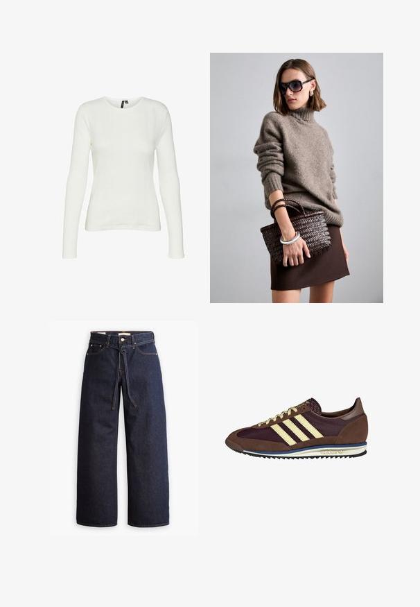 Camisa branca de mangas longas com decote redondo. O tecido possui um padrão texturizado com riscas verticais e detalhes em canelado.; Calças de ganga de perna larga, em azul escuro, com uma cintura alta, apresentando um cordão, cinco bolsos e detalhes de costura em contraste.; Sapatilhas castanhas e burgundy com materiais em camurça e malha, apresentando três riscas cremes, tecido texturizado na lingueta e sola de borracha.; DRAGON DIFFUSION MINI FLAT GORA - Mala de mão - dark brown