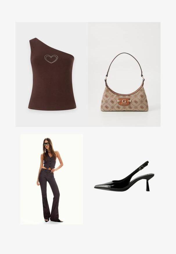 Barna, egyvállas trikó, sima anyagból készült, az mellkason strassz szívmintával. Egyszerű fazon és letisztult vonalak jellemzik.; Barna csíkos, cropped mellény és flared nadrág, gombokkal és texturált anyagból. Fekete nyitott orrú cipők és oversize napszemüveg.; Fekete lakk bőr slingback pumpa hegyes orral, kivágott oldalakkal, állítható boka pánttal és vékony, elegáns sarkával.; Beige színű textil bevásárlótáska barna mintás kiegészítőkkel. Ívelt forma jellemzi, egyetlen pánttal rendelkezik, és elöl egy logópanel található ezüst fém kiegészítőkkel.