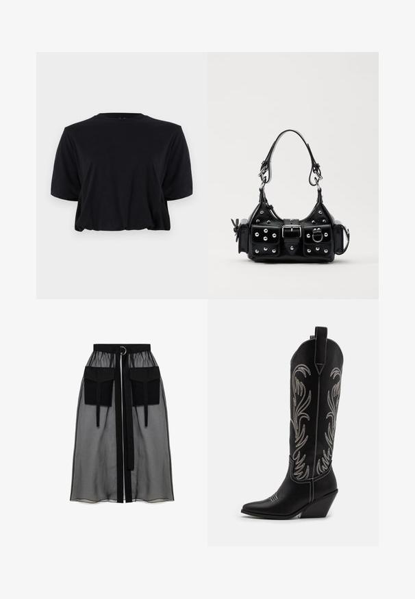 Black cropped cotton t-shirt with short sleeves and a round neckline, featuring a clean, seamless design and soft texture.; Black sheer skirt with a gathered waistband, featuring two large front pockets, a waist tie, and a circular metal accent.; Black leather cowboy boots with pointed toes, wedge heels, and silver embroidered floral patterns along the shaft. Contrast stitching throughout.; Black leather handbag with a curved design, featuring silver studs, a buckle, and two side pockets. Adjustable strap for carrying options.