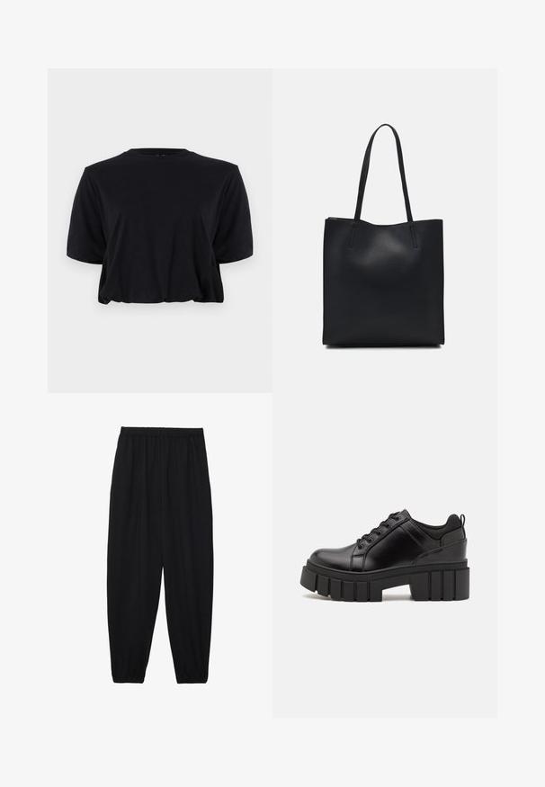 Black cropped cotton t-shirt with short sleeves and a round neckline, featuring a clean, seamless design and soft texture.; Black, lightweight pants with an elastic waistband and gathered ankles. The fabric is smooth and features a relaxed, tapered design.; Black leather platform shoes with a chunky block heel, round toe, and traditional lace-up design. Features smooth texture and minimal detailing.; Black leather tote bag with smooth texture, rectangular shape, and two long handles. No visible hardware or embellishments.