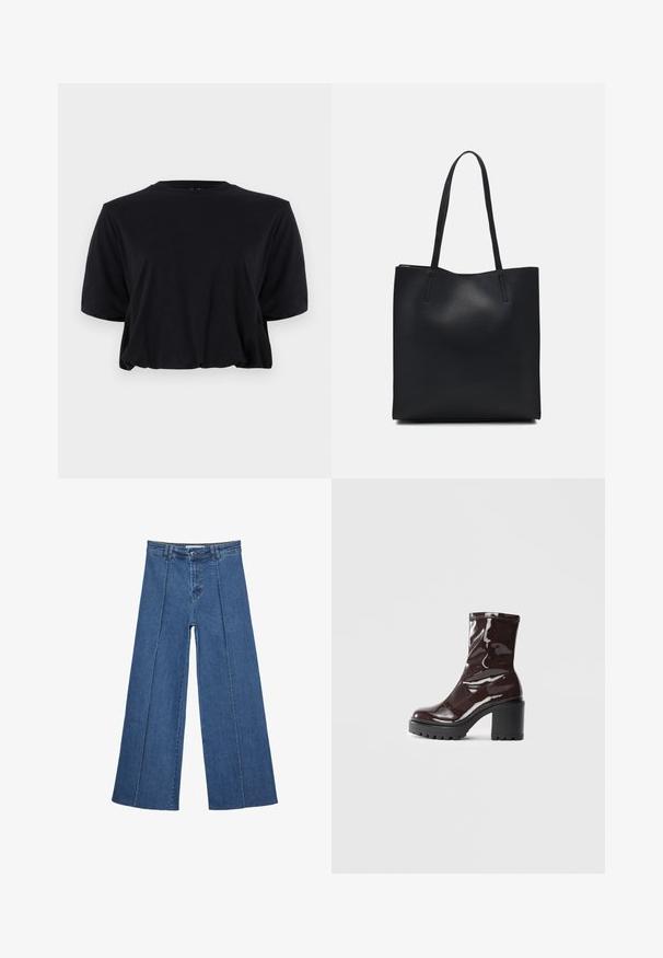 Črna skrajšana bombažna majica s kratkimi rokavi in okroglim izrezom, ki se ponaša s čistim, brezšivnim dizajnom in mehko teksturo.; Jeans širokih nogavic v srednji modri barvi, z visokim pasom, gumbom in kontrastnimi navpičnimi šivi spredaj.; Sijajan škrlatank z bleščečim videzom, z masivnim črnim peto, ki se ponaša z gladko teksturo in preprostim dizajnom. Brez vidnih zapenjal ali vzorcev.; Črna usnjena torba s svilnato teksturo, pravokotne oblike in dvema dolgima ročajema. Brez vidnih metalnih delov ali okrasnih elementov.