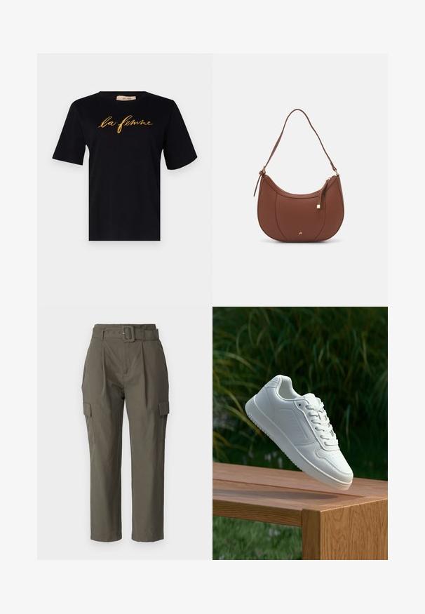 Rue de Femme NATACHA - T-shirts print - black; Cargo bukser i olivengrøn, lavet af letvægtsstof. Funktioner inkluderer en bæltet talje, frontplisseringer og sidelommer med klaplukning.; Hvid sneaker med en glat syntetisk overdel, perforeret tåboks, flade snørebånd og en tekstureret sål, præsenteret på en træoverflade.; Brun faux læder skuldertaske med buet form, minimal syning og en guldtonet hardwaredetalje. Har en top lynlåslukning og justerbar rem.