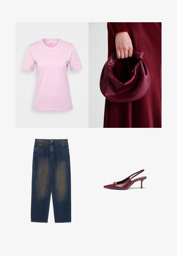 Dámské tričko s krátkým rukávem v světle růžové barvě z bavlny, s kulatým výstřihem zdobeným perlovým detaily kolem límce. Hladká textura, volný střih.; Modré džíny s volným střihem, středním praním, pěti kapsami, zapínáním na knoflík a mírně opranými částmi na přední straně.; Burgundské lodičky na podpatku s špičatou špičkou, vyrobené z kůže. Obsahují dekorativní prvek na nártu a 8-centimetrový jehlový podpatek.; Burgundská kožená kabelka s měkkým, nabíraným designem a zaobleným tvarem. Ucho je zajištěné a vykazuje hladkou texturu.