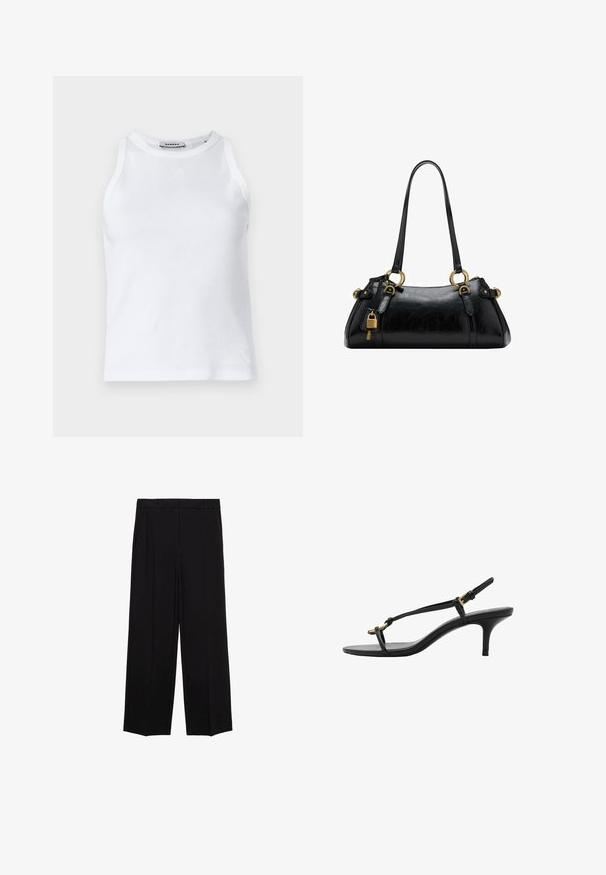 Witte geribbelde tanktop met een ronde halslijn, mouwloos ontwerp en een klein logo op de voorkant. Gladde textuur en getailleerde pasvorm.; Zwarte wijde broek van een gladde stof, met plooien aan de voorkant en zijzakken, ontworpen met een rechte, relaxte snit.; Zwarte leren kitten heel sandaal met dunne banden, gouden gesp en minimalistische teenlus op een witte achtergrond.; Zwarte leren handtas met een gladde textuur, afgeronde vorm, gouden hardwareaccenten en dubbele handgrepen. Bevat een decoratieve sluiting aan de zijkant.