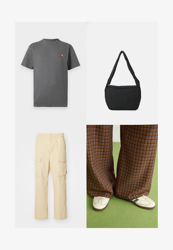 Graues T-Shirt mit kurzen Ärmeln aus Baumwolle; verfügt über ein dezentes Logo in Orange und Burgunderrot auf der Brust. Einfaches Rundhalsausschnitt-Design.; Beige Cargo-Hosen aus Stoff mit einem elastischen Bund und Knopfverschluss. Verfügt über zwei seitliche Taschen und ein schlichtes Design.; Braun und blaue Karohosen mit weitem Bein, kombiniert mit weißen Schuhen mit schwarzen Akzenten und strukturierten Sohlen, vor einem grünen Hintergrund.; Schwarze Schultertasche mit gepolsterter Textur, runder Form und breitem Tragegurt, mit geprägtem Logo auf der Vorderseite.