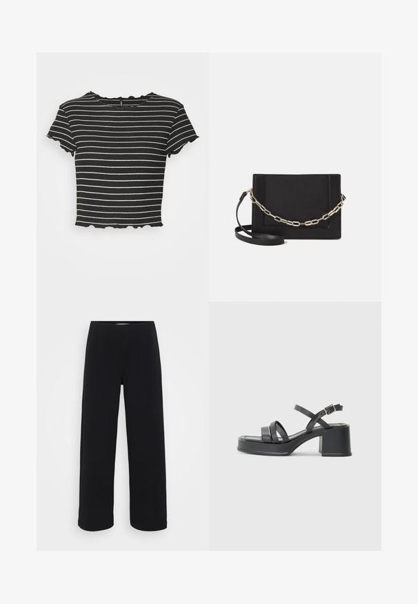 Mustvalge triibuline lühike topp, ribade tekstuur, lühikesed varrukad laineliste servadega, ümmargune kaelus, vabalt voolav istuvus.; Mustad laiad püksid elastse vöökohtaga. Valmistatud tekstuurilisest materjalist, millel on lõtv istuvus ja sirge lõige puusadest heleni.; Mustad musta coloriga sandaalid mitmete kitsaste rihmadega ja ümarate varvastega. Kanna kuju on plokki meenutav ja pind on sile. Reguleeritav lukk.; Mustast nahast õlakott, mis omab siledat tekstuuri, ristküliku kuju ning esiküljel metallketi detaili. Reguleeritav rihm on kaasas.