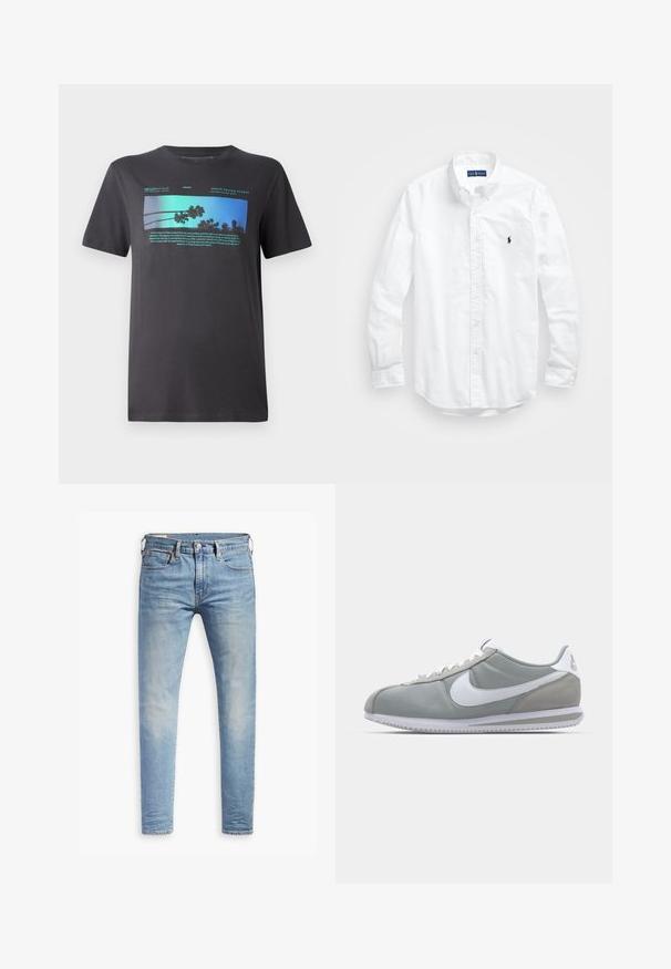 Herres sort T-shirt lavet af blød bomuld. Har et levende blåt grafik med palmer og tekst, rund halsudskæring og korte ærmer.; Hvid langærmet skjorte i bomuld. Har en klassisk krave, knapmanchetter og et lille marineblåt broderet logo på brystet.; Lyseblå slim-fit jeans med let slid på lårene, frontlukning med knap, bæltestropper og fem lomme-design på en hvid baggrund.; Grå atletisk sko med overdækning i ruskind og tekstil, hvid Nike swoosh og hvide snørebånd. Har en struktureret gummisål og polstret krave.