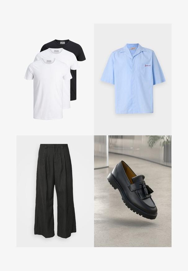 Three T-shirts in white and black, made of cotton. Each has a round neck and short sleeves, with a logo displayed on the neckline.; Fiorucci STRIPED LOGO BOWLING SHIRT - Shirt - light blue; Black pinstriped wide-leg trousers with pleats, featuring a tailored design and a soft texture. No visible hardware or accents.; Black leather loafer with tassel detail, smooth finish, and rubber sole with traction grooves. Interior lined in contrasting brown.