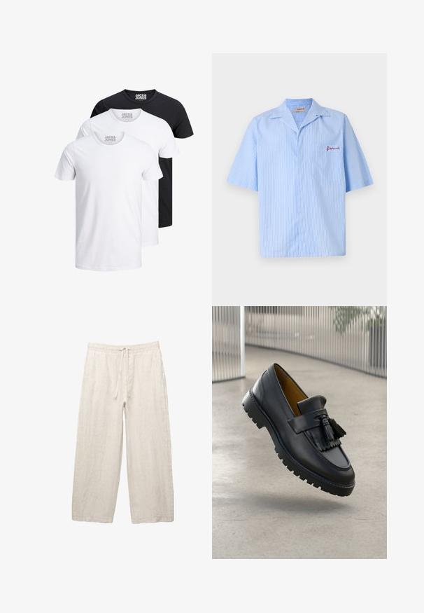 Three T-shirts in white and black, made of cotton. Each has a round neck and short sleeves, with a logo displayed on the neckline.; Fiorucci STRIPED LOGO BOWLING SHIRT - Shirt - light blue; Linen trousers in light beige, featuring an elastic waistband with a drawstring, wide-leg design, and side pockets. Smooth texture.; Black leather loafer with tassel detail, smooth finish, and rubber sole with traction grooves. Interior lined in contrasting brown.