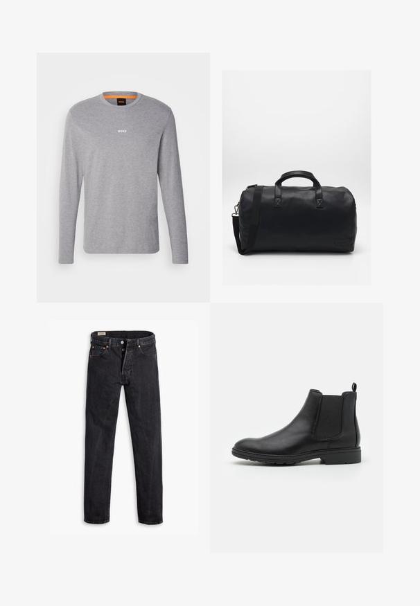 Camisa de manga longa cinza com decote redondo, com um pequeno logótipo branco "BOSS" centralizado no peito e uma etiqueta preta com detalhes em laranja no pescoço.; Jeans de ganga pretos com um corte reto. Apresenta cinco bolsos, dois fechos frontais com botão e costura discreta em contraste. Textura mate.; Botim Chelsea em couro preto com painéis laterais elásticos e uma alça, apresentando um bico arredondado e sola de borracha texturizada.; Mala de duffel preta feita de material sintético texturizado. Apresenta duas alças e uma correia de ombro ajustável. Design simples sem padrões visíveis.