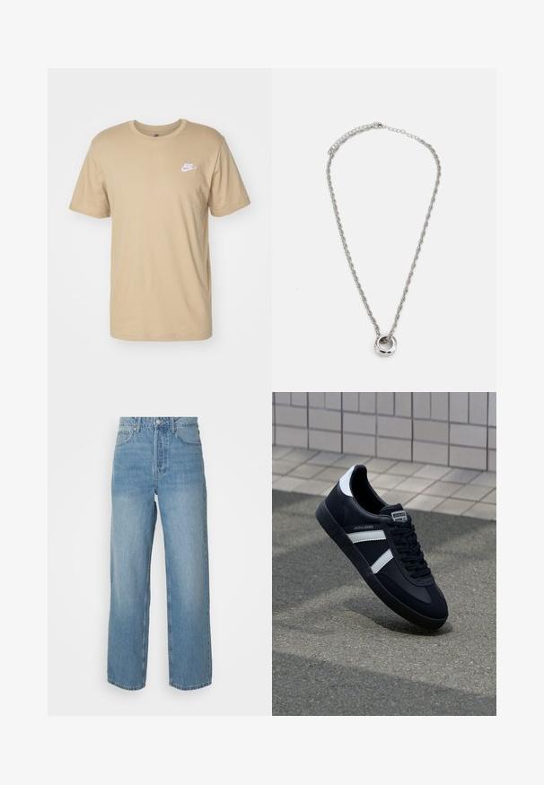 Nike Sportswear CLUB TEE - Basic póló - khaki; Magas derekú, világoskék farmernadrág egyenes szárakkal, elülső gombos záródással és öt zsebes stílussal, egyszínű háttér előtt.; Fekete bőr sportcipő fehér csíkokkal, textúrált gumitalppal és fűzős elejével. A nyelvén márkás címke található.; Ezüst tónusú fém nyaklánc, csavarodott lánc dizájnnal és egy kör alakú, fényes felületű medállal.