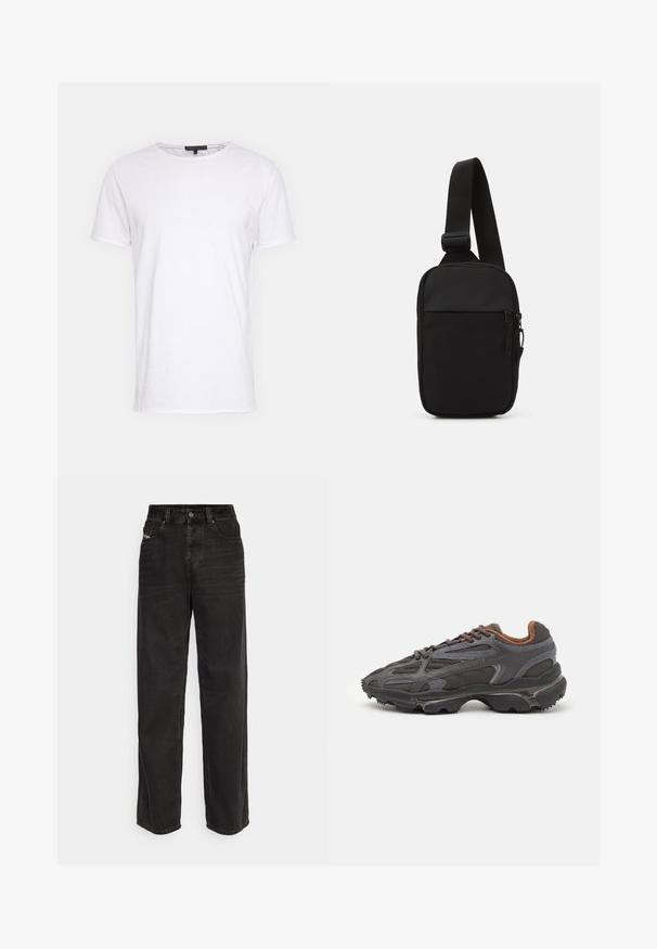 White cotton t-shirt with a round neckline, short sleeves, and a straight cut. Features a simple, smooth texture and no additional patterns.; Black denim wide-leg pants with a high waist, front button closure, two side pockets, and subtle stitching details.; Lacoste sneakers in dark gray with mesh and synthetic material, featuring a textured sole and brown accents on the collar and branding.; Black crossbody bag made of durable fabric, featuring a single adjustable strap, a zippered main compartment, and a front pocket.