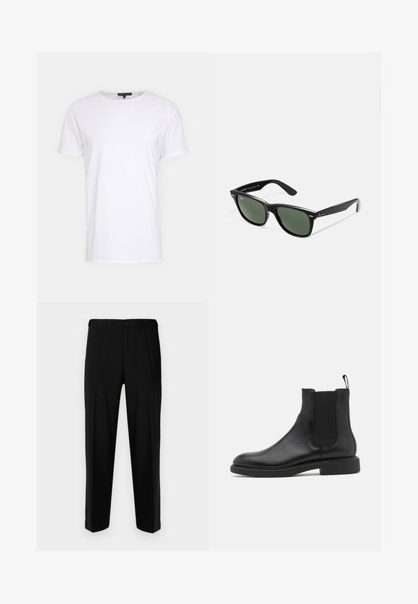 Hvid bomulds t-shirt med rund halsudskæring, korte ærmer og lige snit. Har en enkel, glat overflade uden yderligere mønstre.; Sorte bukser lavet af glat stof, med lige snit, to forlommer og lynlås med knaplukning.; Sort læder ankelstøvle med glat overflade, elastiske sidepaneler og en trækstrop. Rund tå og flad gummisål med minimal mønster.; Sorte plastiksolkaber med grønne linser, firkantede stel, sølvaccent på brynene og teksturerede templede arme. Angivet mærke på den indre arm.
