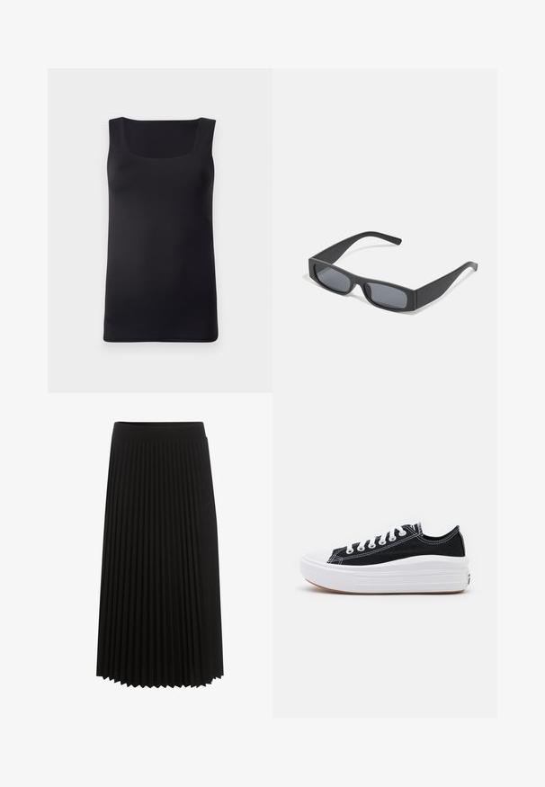 Czarny bezrękawnik z kwadratowym dekoltem, wykonany z gładkiego materiału, charakteryzujący się dopasowanym krojem i czystymi krawędziami, bez widocznych wzorów czy akcentów.; Czarna, plisowana spódnica z szerokim, elastycznym pasem, sięgająca do kolan, z pionowymi plisami, które dodają faktury i ruchu.; Czarne płócienne tenisówki z białymi sznurowadłami, białą gumową czapeczką na palcach i masywną białą podeszwą. Mają subtelne białe przeszycia i gumową podeszwę.; Czarne prostokątne okulary przeciwsłoneczne z ciemnymi soczewkami i grubymi matowymi oprawkami. Ramiona są lekko zwężone i mają gładką teksturę.