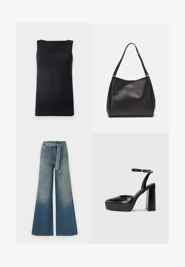 Juodas be rankovių marškinėlis su kvadratiniu iškirpimu, pagamintas iš lygios medžiagos, pasižymintis prigludusia forma ir švariais kraštais, be matomų raštų ar akcentų.; Platus džinsinis kelnes su šviesiai tamsiai mėlynu gradientu, aukštu juosmeniu, diržo kilpomis ir atitinkančiu audinio diržu. Textūruotas džinsinis paviršius.; Juodi platforminiai aukšti kulniukai su smailiu kojų pirštu ir reguliuojamu kulkšnies dirželiu. Pagaminti iš lygaus odos, turi masyvų blokinį kulną.; Juodas sintetinis odos rankinukas su minkšta tekstūra, hobo formos ir dviem petnešomis; turi blizgų paviršių ir minimalistinį dizainą.