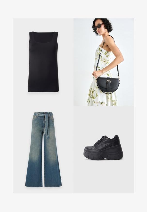 Must mustriga ilma varrukatank, millel on ruudukujuline kaelus, valmistatud siledast kangast, millel on lähedalt istuv disain ja puhtad servad, ilma nähtavate mustrite või aktsentideta.; Laiad denimpüksid, millel on hele tume sinine gradiendiefekt, kõrge vöökoht, vöökumlid ja sobivast kangast vöö. Struktureeritud denimi viimistlus.; Mustad mustaga värvi kingad, millel on paks tald, sile nahk peals, ümar nina ja eristuva kihilise platvormi disain.; Mustmust mustraha kõverate joontega, eemaldatava rihmaga ja kuldsete detailidega. Kotil on klapp, millel on pandladetail.