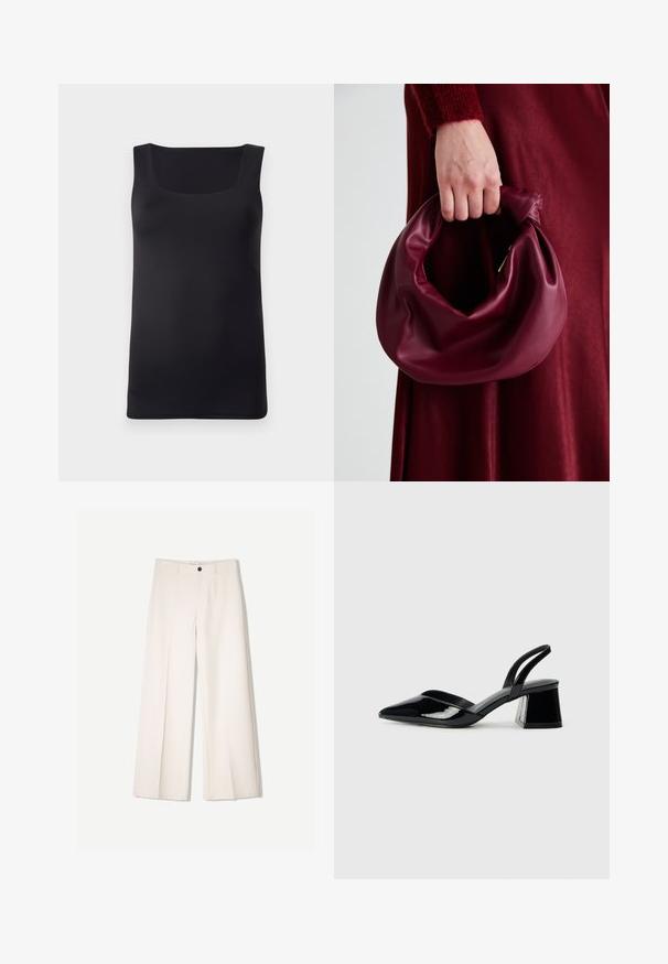 Čierny bezrukávový top s hranatým výstrihom, vyrobený z hladkej látky, s priliehavým strihom a čistými okrajmi, bez viditeľných vzorov alebo akcentov.; Krémové široké nohavice s nohavicami na mieru, s dvoma prednými vreckami a jedným predným zapínaním na gombík, vyrobené z hladkej tkaniny.; Čierne lakované kožené sandálové podpätky s špicatou špičkou a geometrickým blokovým podpätkom. Disponujú elegantným, minimalistickým dizajnom a hladkým povrchom.; Burgundská kožená kabelka s mäkkým, zhromaždeným dizajnom a zaobleným tvarom. Rukoväť je pevne zaisťujúca a vystavuje hladkú textúru.