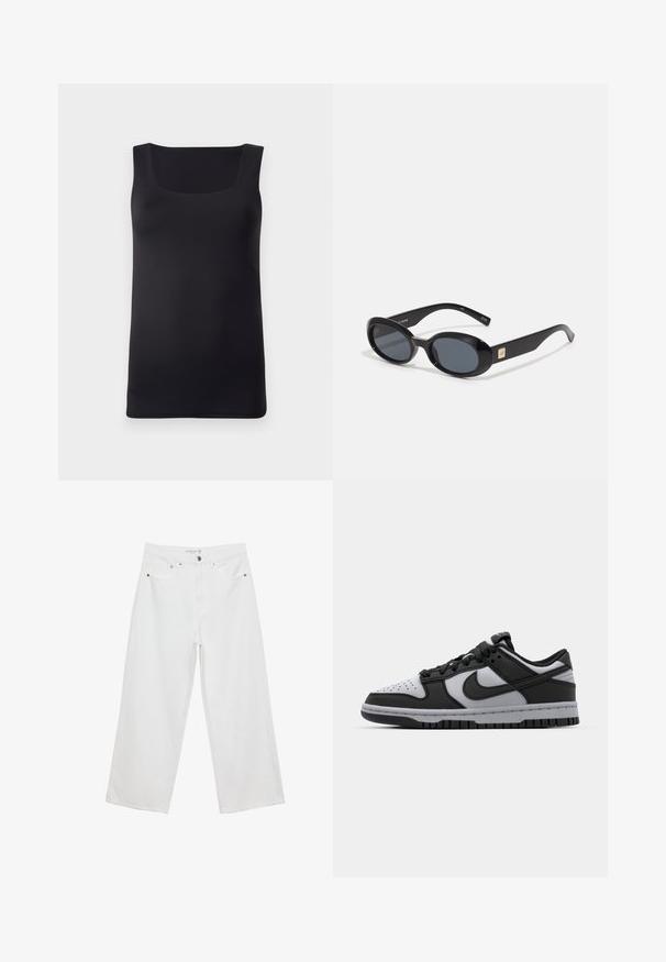 Sort ærmeløs tank top med firkantet halsudskæring, lavet af glat stof, med en tætsiddende design og rene kanter, ingen synlige mønstre eller accenter.; Hvide bukser med bred benvidde lavet af denim med høj talje, der har fem lommer og metalhardware. Glat tekstur, uden synlige mønstre.; Sorte og grå Nike Dunk low-top sneakers med perforeret tå, glatte læderdetaljer og gummisål med struktureret mønster.; Sorte ovale solbriller med mørke linser, glansfuld plastikramme, brede arme og en lille gul accent på den ene side.