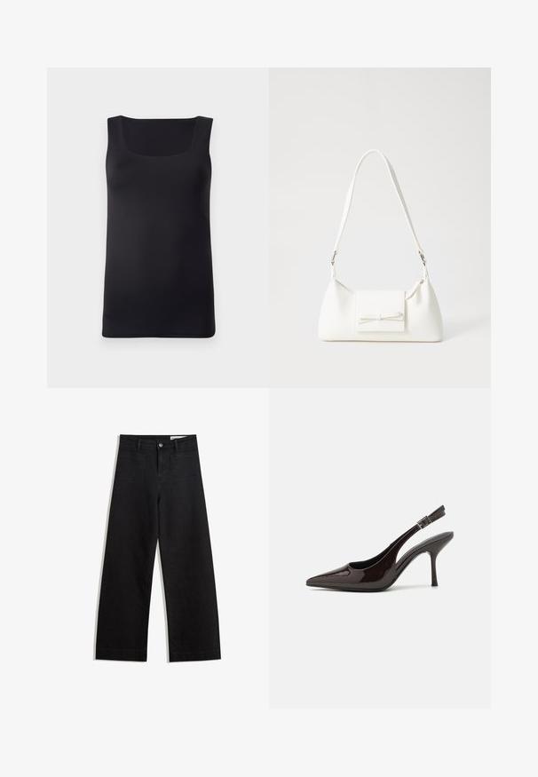 Zwarte mouwloze tanktop met een vierkante halslijn, gemaakt van gladde stof, met een slim fit ontwerp en schone randen, zonder zichtbare patronen of accenten.; Zwarte denim broek met wijde pijpen en een hoge taille, voorzien van voor- en achterzakken, gestikte naden en een knoopsluiting. Gladde textuur.; Slingback hoge hak schoen in glanzend donkerbruin patentleer, puntige neus, open zijkanten en verstelbare enkelband.; Witte synthetische handtas met een driehoekige vorm, platte voorklep en strikdetail, verstelbare schouderriem, gladde textuur en minimalistisch ontwerp.