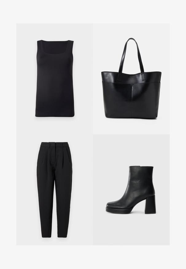 Débardeur noir sans manches avec un décolleté carré, fabriqué en tissu lisse, présentant une coupe ajustée et des bords nets, sans motifs ni accents visibles.; Pantalon noir à coupe droite, avec des plis à l'avant, une texture lisse et des poches latérales. La taille est de hauteur standard.; Bottine en cuir noir avec un talon bloc et une semelle plateforme, vue de côté sur un fond blanc uni.; Sac fourre-tout en cuir noir avec deux longues poignées, une texture lisse et une forme structurée. Dispose d'une poche avant pour un rangement supplémentaire.