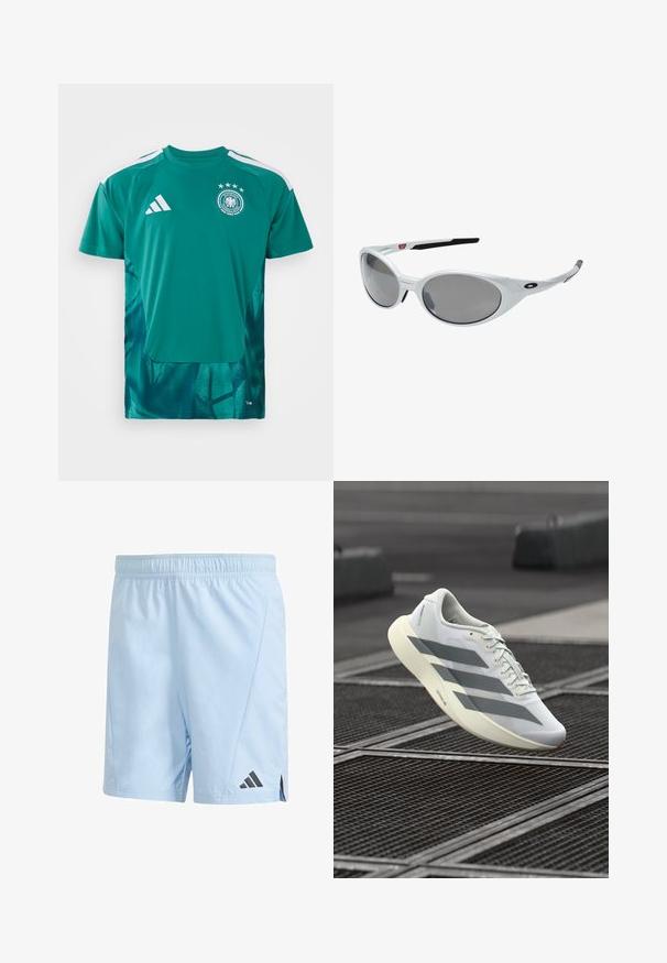 Maillot de football Adidas vert avec le logo de l'Association allemande de football, quatre étoiles au-dessus, bandes blanches sur les épaules, et côtés inférieurs à motifs.; Shorts de sport bleu clair en matériau léger. Dotés d'une taille élastique et d'un logo Adidas noir en bas à gauche.; Chaussure de sport blanche avec une tige en mesh texturé, présentant des rayures grises et une semelle rembourrée. Conception légère adaptée à la course.; Lunettes de soleil en plastique blanc avec de grandes lentilles ovales, teintées en gris. Caractéristiques de plaquettes noires et d'un petit logo sur la monture. Fini lisse.