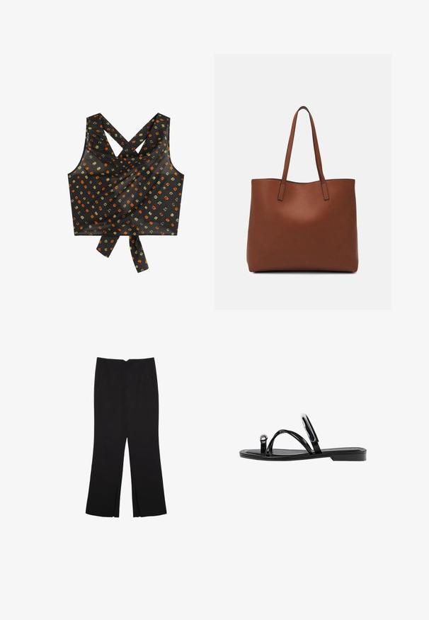 Schwarzes Cropped Top mit überkreuzten Trägern, lockerem Schnitt, dekorativem Knoten am Saum und einem Muster aus mehrfarbigen Quadraten und Punkten.; Schwarze Hose mit geradem Schnitt, ausgestattet mit Fronttaschen und Seitenschlitzen am Saum. Hergestellt aus weichem, glattem Stoff. Geeignet für verschiedene Anlässe.; Schwarze flache Sandalen mit glänzender Oberfläche, drei dünnen Riemen und einem runden Hardware-Detail an den Zehen. Elegantes Design mit einem minimalen Absatz.; Braune Leder-Tote mit glatter Textur, offenem Oberteil und zwei Schulterriemen. Verfügt über minimale Nähte und keine sichtbaren Beschläge.