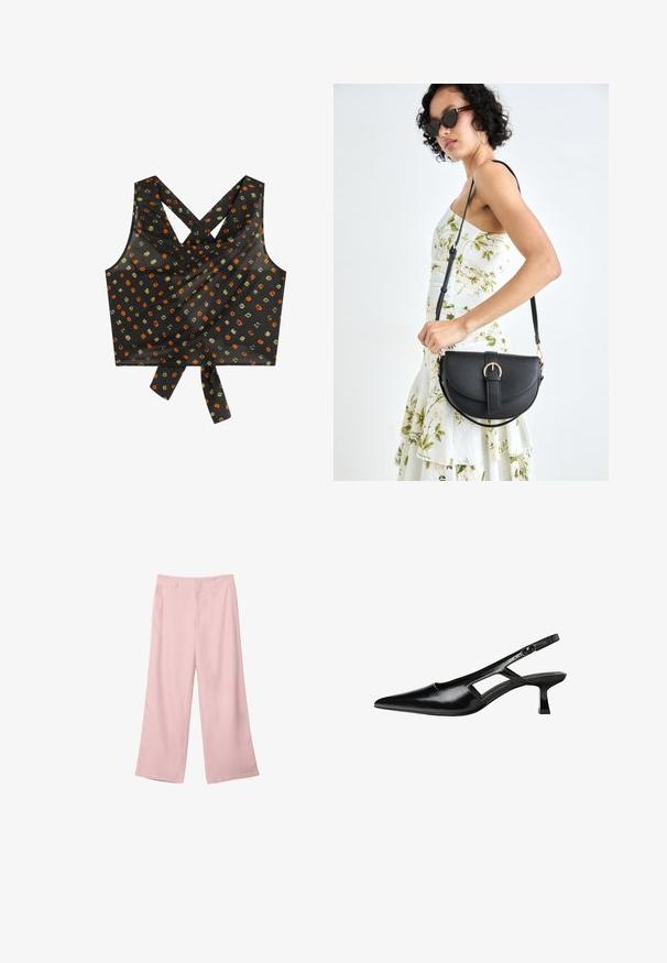 Schwarzes Cropped Top mit überkreuzten Trägern, lockerem Schnitt, dekorativem Knoten am Saum und einem Muster aus mehrfarbigen Quadraten und Punkten.; Helle rosa, weit geschnittene Hosen aus glattem Stoff. Mit einem strukturierten Bund und geraden, fließenden Beinen, ohne sichtbare Muster oder Beschläge.; Schwarze Lackleder-Slingback-High Heels mit spitzer Zehenform, ausgeschnittenem Seitendesign und kleinem Blockabsatz. Glatte Textur mit minimalen Akzenten.; Schwarze Lederhandtasche mit geschwungener Form, abnehmbarem Tragegurt und goldenen Beschlägen. Die Tasche verfügt über einen Deckel mit einer Schnallen-Details.