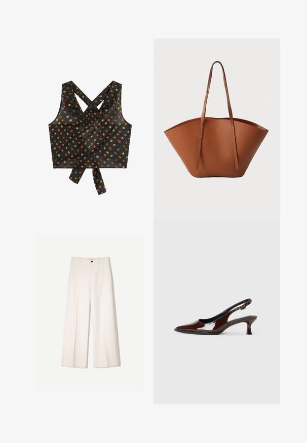 Black crop top with crossed straps, featuring a loose fit, decorative knot at the hem, and a pattern of multicolored squares and dots.; Cream wide-leg trousers with a tailored design, featuring two front pockets and a single front button closure, made from smooth fabric.; Brown patent leather slingback shoe with a pointed toe and a moderate heel. Features a buckle strap for secure fit. Smooth texture.; Brown leather tote bag with a wide, structured shape, thin handles, and a textured finish. Features minimalistic design with no visible hardware.