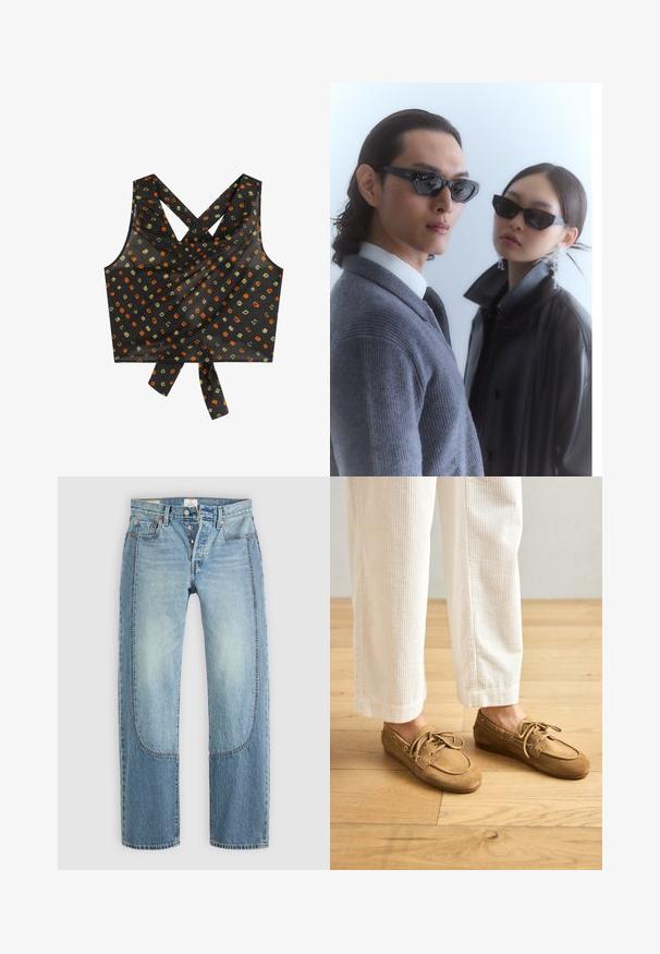 Top court noir avec des bretelles croisées, présentant une coupe ample, un nœud décoratif à l'ourlet et un motif de carrés et de points multicolores.; Jean en denim bleu clair avec une coupe droite et ample, présentant des détails de panneaux contrastants et un design à cinq poches. Fermeture à bouton.; Bateaux en daim marron avec lacets, présentant un bout arrondi et des accents cousus. Portés avec un pantalon en velours côtelé blanc dans un environnement en bois.; Lunettes de soleil avec une monture noire angulaire sur un mannequin portant un pull gris, mettant en valeur un tricot texturé et une veste en cuir noir portée par un autre mannequin.