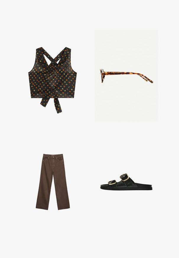 Black crop top with crossed straps, featuring a loose fit, decorative knot at the hem, and a pattern of multicolored squares and dots.; Wide-leg brown jeans made of denim, featuring a high waist, front pockets, and a classic button closure. Smooth texture with subtle stitching.; Black slide sandal with two gold buckle accents, smooth textured material, flat sole, and a minimalist design.; Tortoiseshell sunglasses with a thick frame, slightly curved temples, and smooth texture. Features a classic design with a glossy finish.; Black patent leather handbag with a curved shape, one shoulder strap, front pockets, and silver-tone hardware accents.