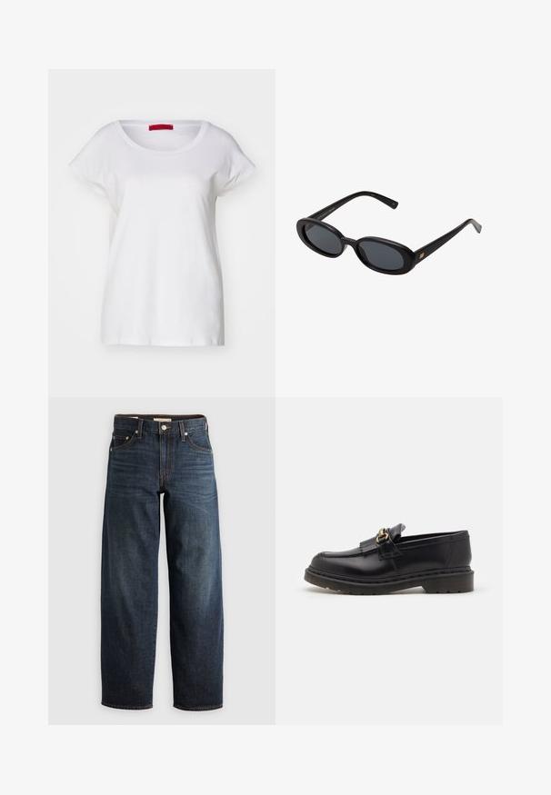 MAX&Co. MALDIVE - Basic T-shirt - weiss; Dark blue jeans made of denim, featuring a straight leg design, five-pocket style, and topstitching accents with a button closure.; Black leather loafers with a rounded toe, decorative fringe, and gold hardware accent. Thick rubber sole for added traction and durability.; Black oversized sunglasses with oval lenses, smooth plastic frame, and gold accents on temple. Dark lenses provide sun protection.; Gray suede shoulder bag with a curved, soft silhouette and a wide strap. Features a subtle logo embossed on the front.