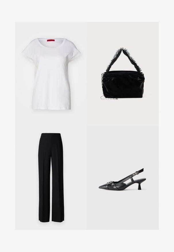 MAX&Co. MALDIVE - Camiseta básica - weiss; Pantalones de pierna ancha negros con una textura suave, que presentan una cintura alta y pliegues centrales. Sin patrones visibles ni detalles de hardware.; Zapato de slingback negro de piel con punta afilada, correas decorativas con ojales de metal y un tacón bajo y ancho. Superficie texturizada.; Bolso de mano negro de imitación cuero con un acabado texturizado, que presenta un acento plateado de cuentas a lo largo del asa superior y una correa de cadena.