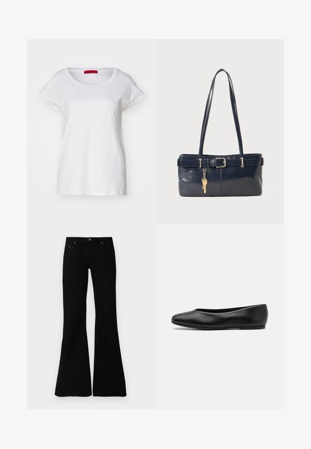 MAX&Co. MALDIVE - T-shirt basic - weiss; Zwarte flare jeans van denim, met een klassiek vijf-pocket ontwerp, knoopsluiting en subtiele stiksels langs de naden.; Paul Smith TOPANGA - Ballerina's - black; Marine leren handtas met twee lange hengsels, een gespdetail en een sleutelhanger eraan bevestigd. Heeft een gladde textuur en een rechthoekige vorm.
